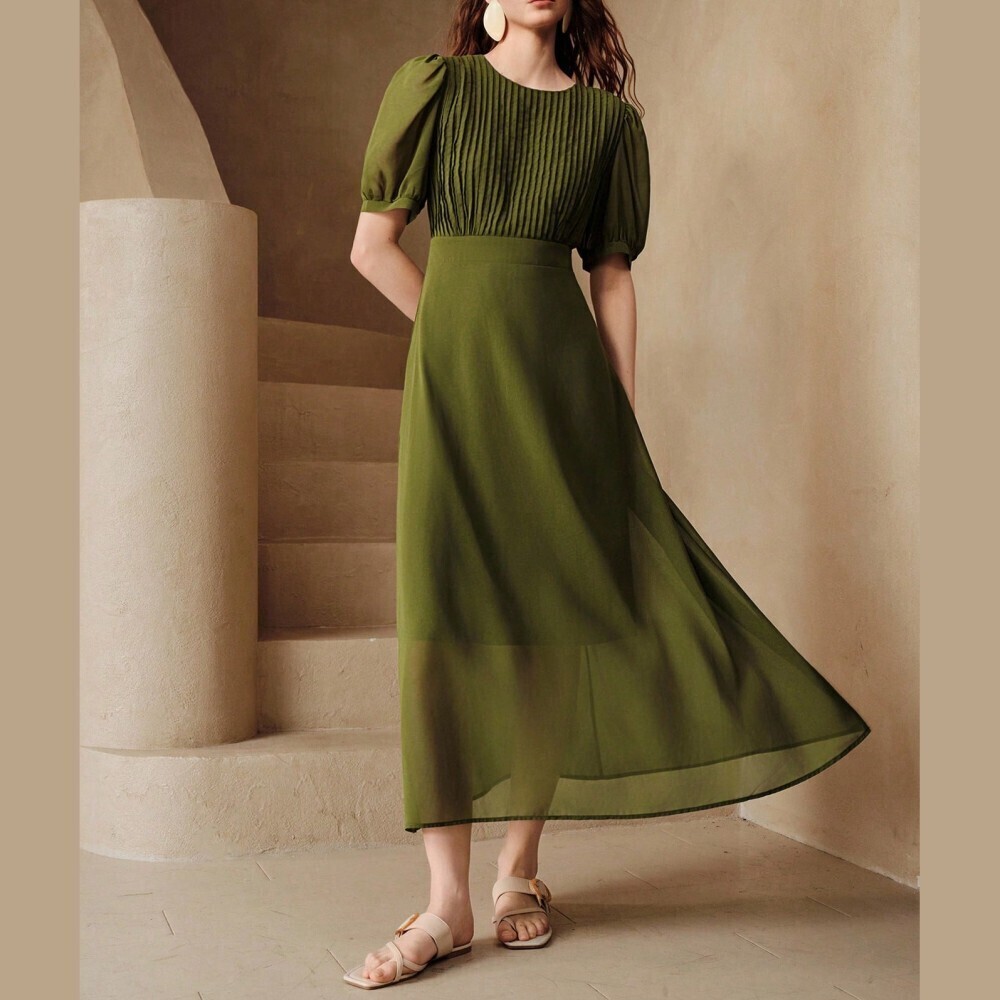 Dark Kelly Green Pintuck Puff Sleeve Maxi Dress - Picture 1 of 7